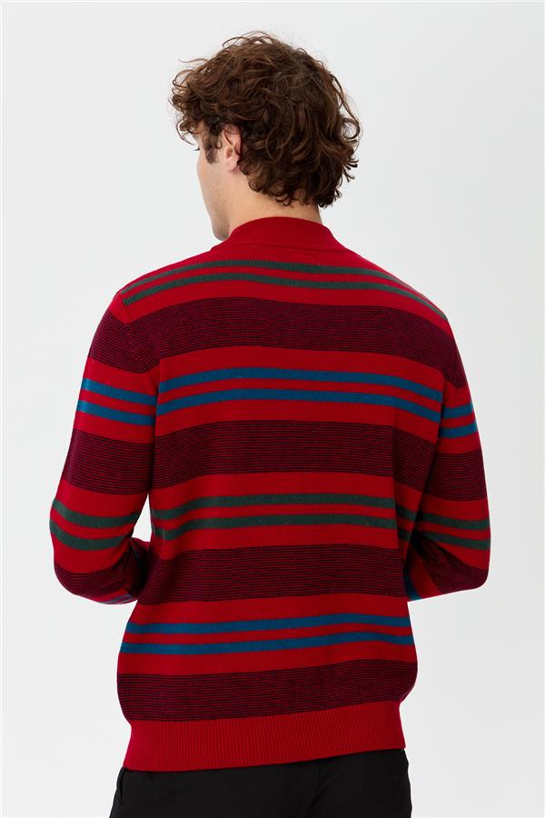 Мужской шерстяной свитер в красочную полоску с водолазкой Темно-красный