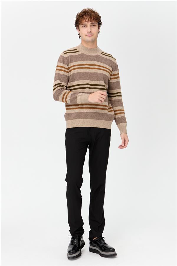 Мужской шерстяной свитер в красочную полоску с водолазкой Темно-бежевый