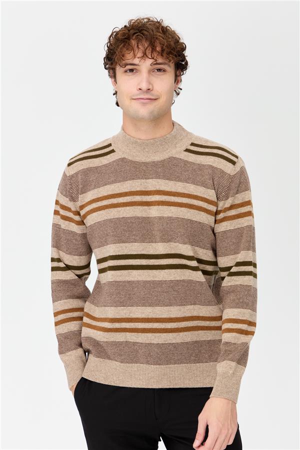 Мужской шерстяной свитер в красочную полоску с водолазкой Темно-бежевый
