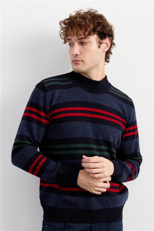 Мужской шерстяной свитер в красочную полоску с водолазкой Темно-синий