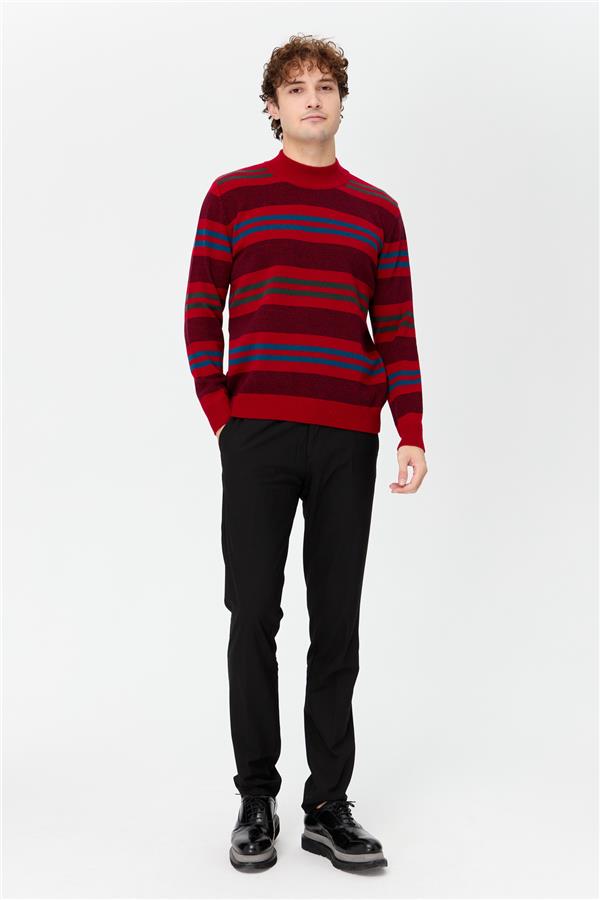 Мужской шерстяной свитер в красочную полоску с водолазкой Темно-красный