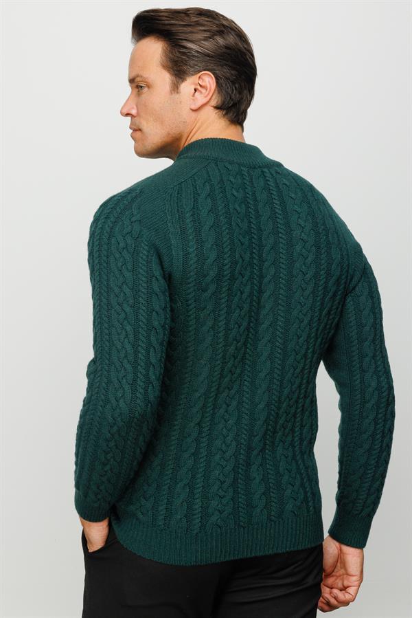 Мужская шерстяная полуводолазка с вязкой косичка зеленая