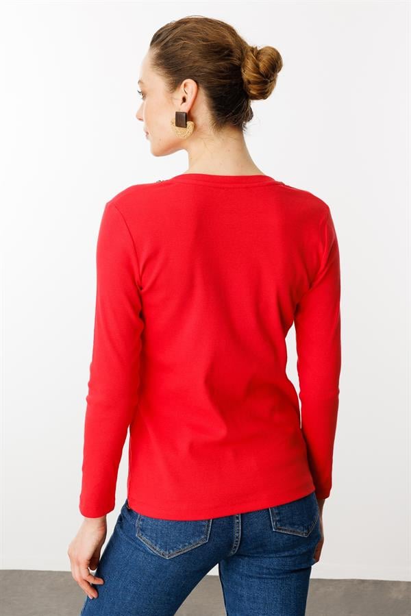 Kadın Açma Yaka Boncuk İşlemeli Penye Bluz Kırmızı