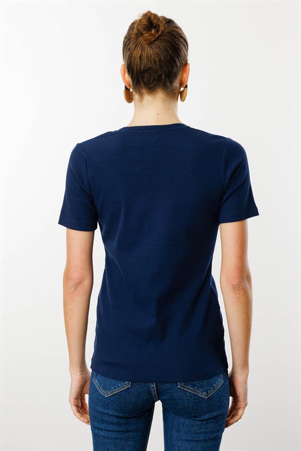 Kadın Açma Yaka Boncuk İşlemeli T-Shirt Lacivert