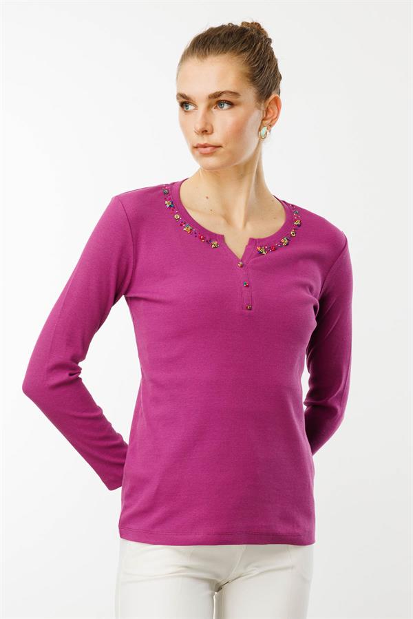 Kadın Açma Yaka Boncuk İşlemeli Penye Bluz Sıklamen