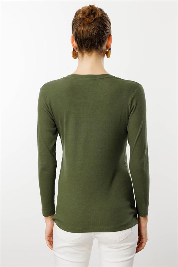 Kadın Açma Yaka Boncuk İşlemeli Penye Bluz Haki