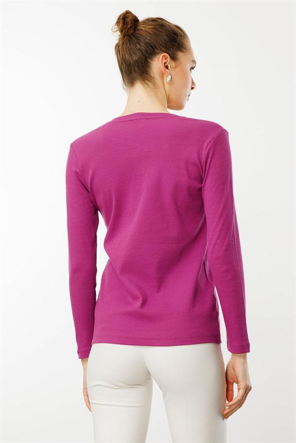 Kadın Açma Yaka Boncuk İşlemeli Penye Bluz Sıklamen