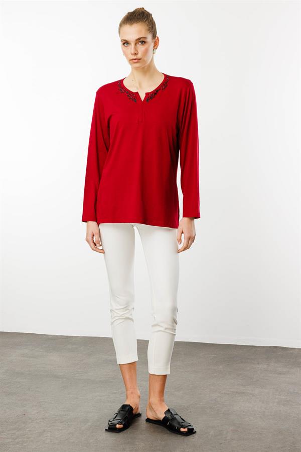 Kadın Açma Yaka Dantel Çiçek İşlemeli Penye Bluz Bordo