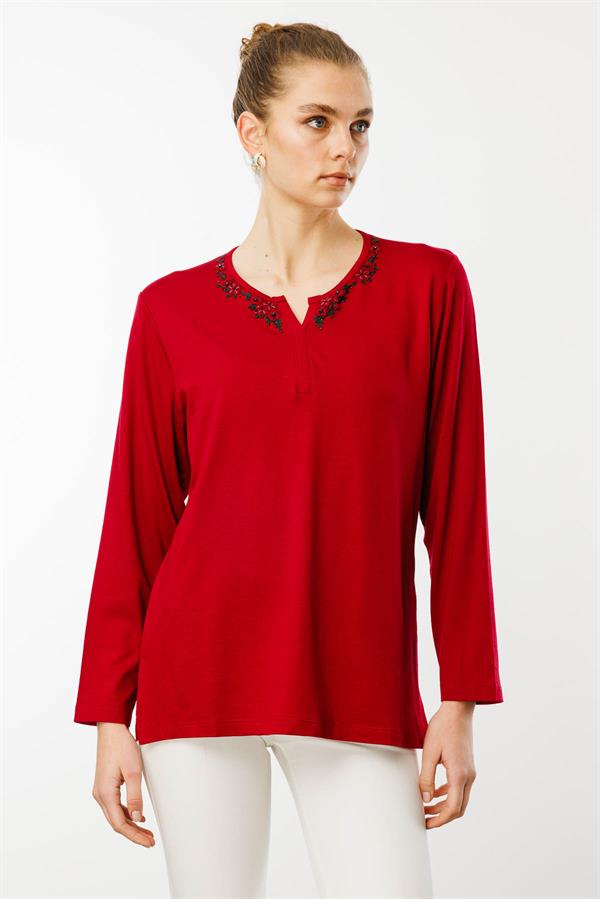 Kadın Açma Yaka Dantel Çiçek İşlemeli Penye Bluz Bordo
