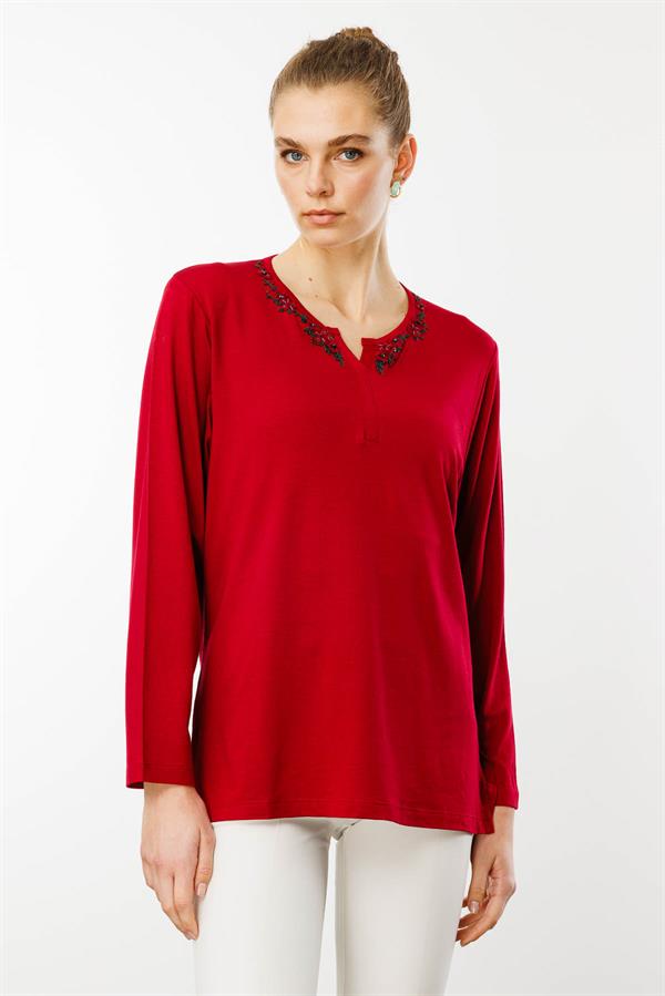 Kadın Açma Yaka Dantel Çiçek İşlemeli Penye Bluz Bordo