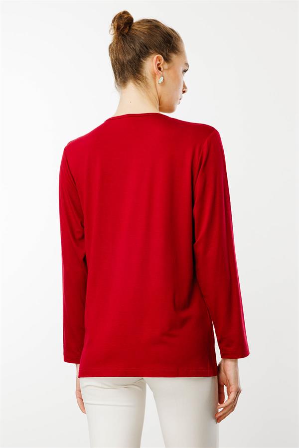 Kadın Açma Yaka Dantel Çiçek İşlemeli Penye Bluz Bordo