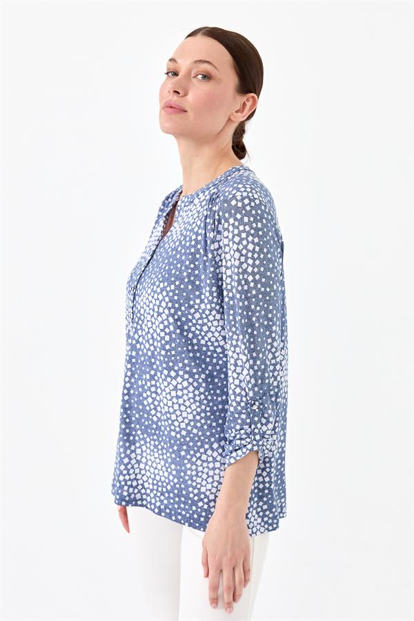 Женская хлопковая блуза с воротником двуцветная цвета индиго