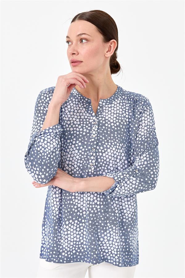 Женская хлопковая блуза с воротником двуцветная цвета индиго