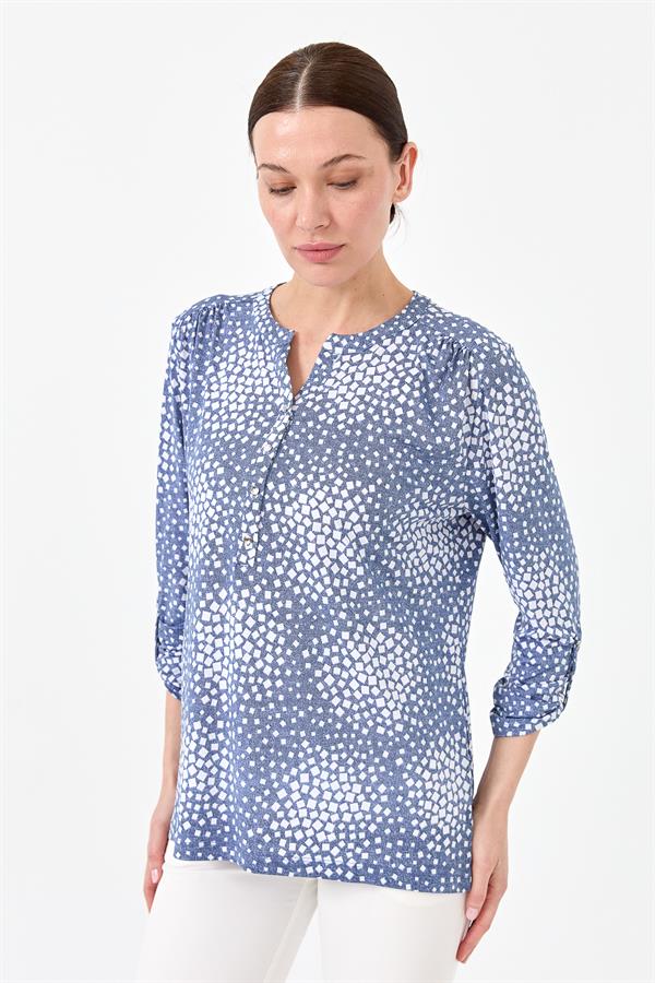 Женская хлопковая блуза с воротником двуцветная цвета индиго