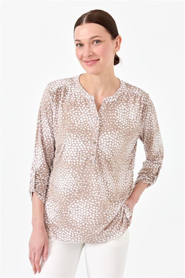 Женская хлопковая блуза с воротником двуцветная песочная