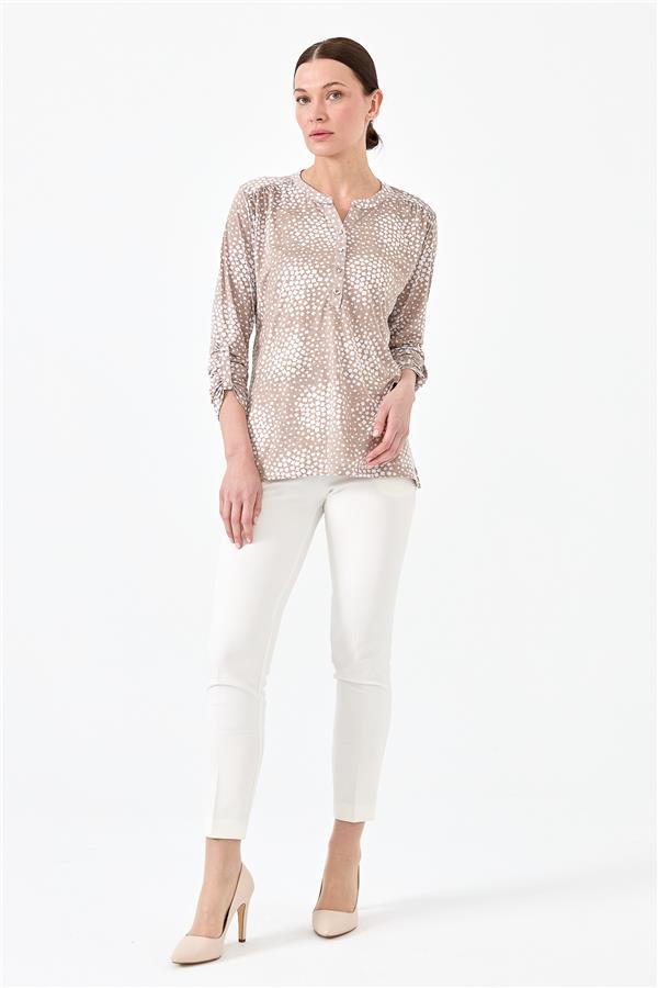 Женская хлопковая блуза с воротником двуцветная песочная