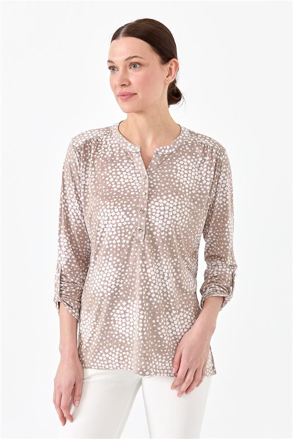 Женская хлопковая блуза с воротником двуцветная песочная