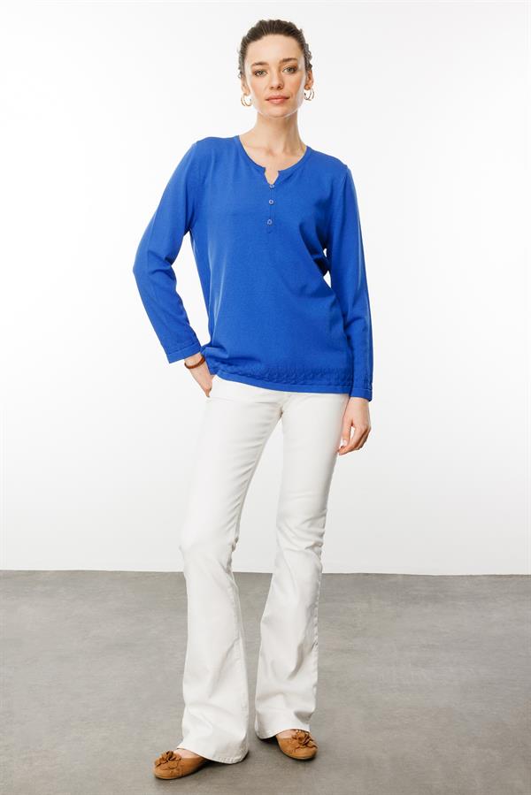 Kadın Açma Yaka Düğmeli Penye Bluz Saks