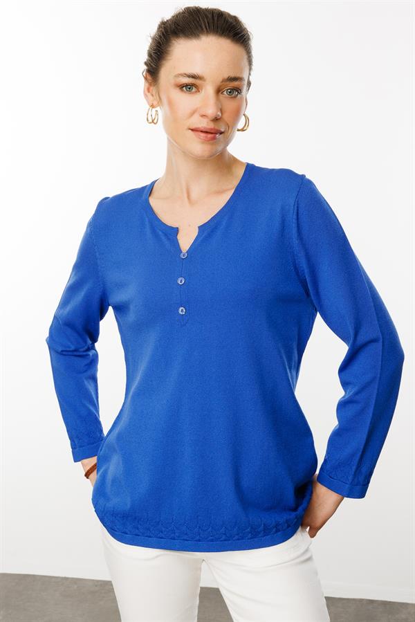 Kadın Açma Yaka Düğmeli Penye Bluz Saks