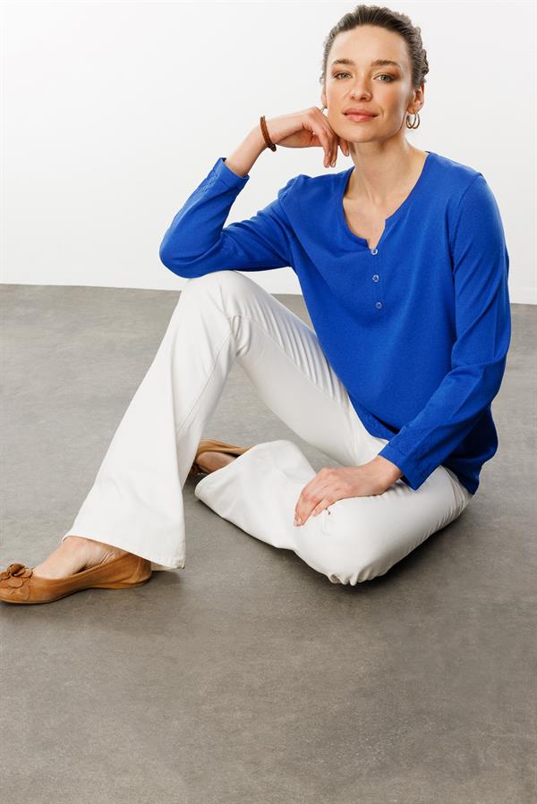 Kadın Açma Yaka Düğmeli Penye Bluz Saks