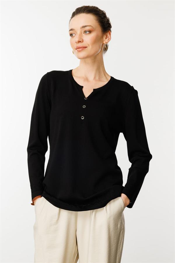 Kadın Açma Yaka Düğmeli Penye Bluz Siyah