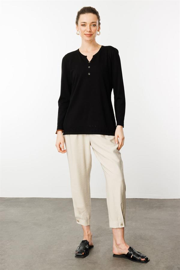 Kadın Açma Yaka Düğmeli Penye Bluz Siyah