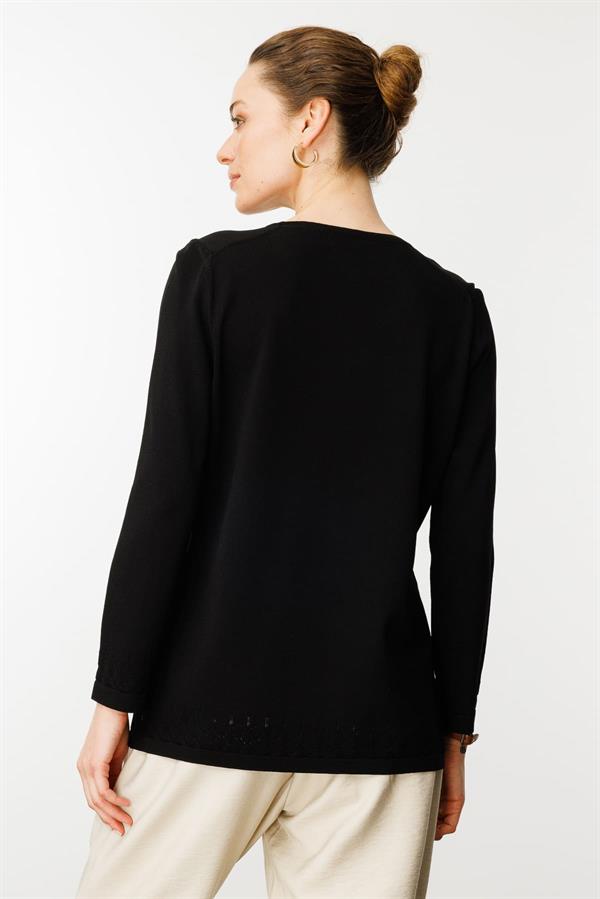 Kadın Açma Yaka Düğmeli Penye Bluz Siyah