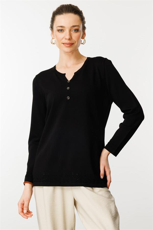 Kadın Açma Yaka Düğmeli Penye Bluz Siyah