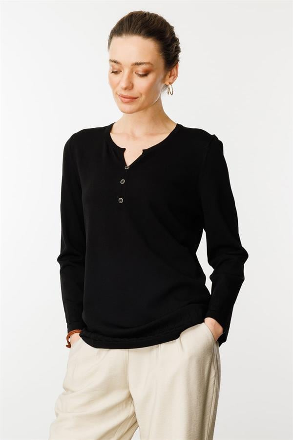 Kadın Açma Yaka Düğmeli Penye Bluz Siyah