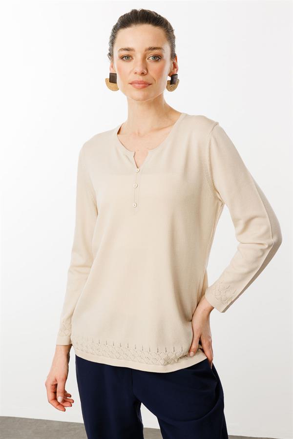 Kadın Açma Yaka Düğmeli Penye Bluz Bej