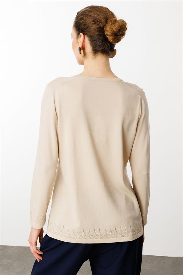 Kadın Açma Yaka Düğmeli Penye Bluz Bej