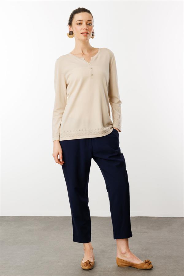 Kadın Açma Yaka Düğmeli Penye Bluz Bej