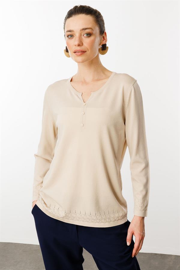 Kadın Açma Yaka Düğmeli Penye Bluz Bej