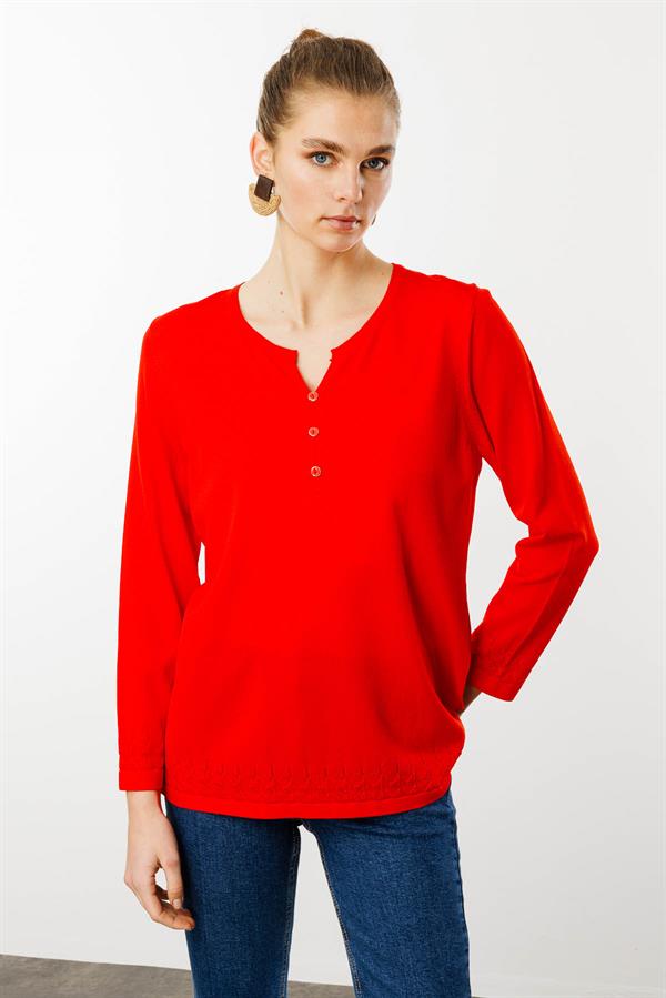 Kadın Açma Yaka Düğmeli Penye Bluz Kırmızı