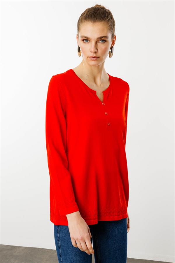 Kadın Açma Yaka Düğmeli Penye Bluz Kırmızı