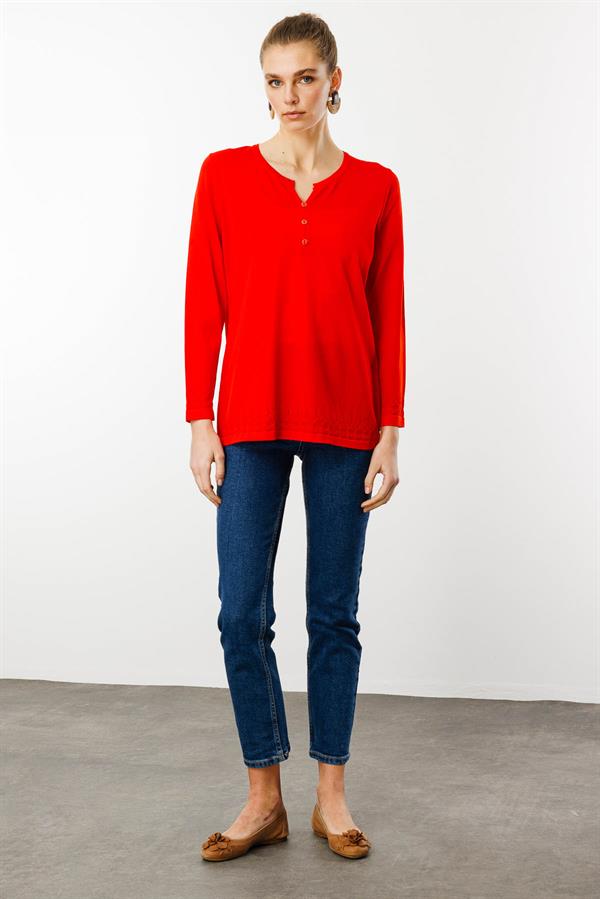 Kadın Açma Yaka Düğmeli Penye Bluz Kırmızı