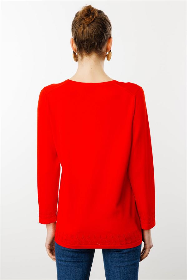 Kadın Açma Yaka Düğmeli Penye Bluz Kırmızı