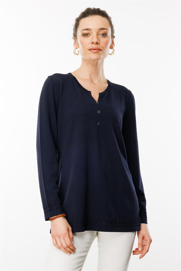 Kadın Açma Yaka Düğmeli Penye Bluz Lacivert