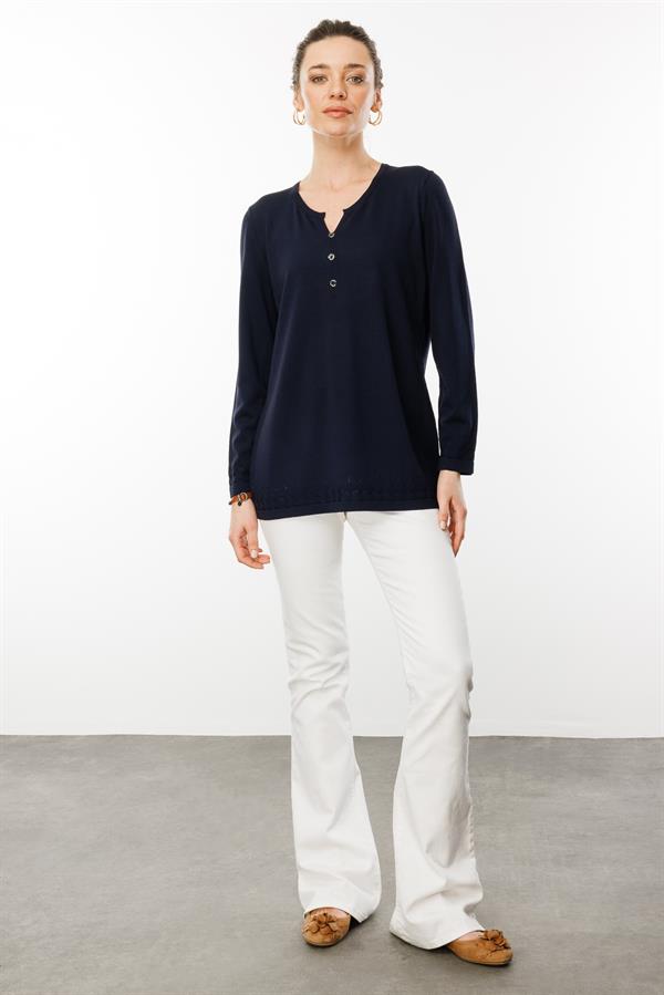 Kadın Açma Yaka Düğmeli Penye Bluz Lacivert