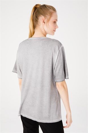 Kadın Açma Yaka Kısa Kol Güpürlü Penye Bluz Gri