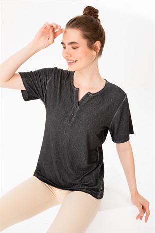 Kadın Açma Yaka Kısa Kol Jakar Kumaş Bluz Siyah