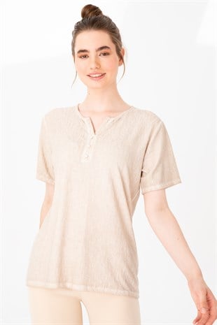 Kadın Açma Yaka Kısa Kol Jakar Kumaş Bluz Bej