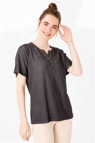 Kadın Açma Yaka Kısa Kol Jakar Kumaş Bluz Siyah