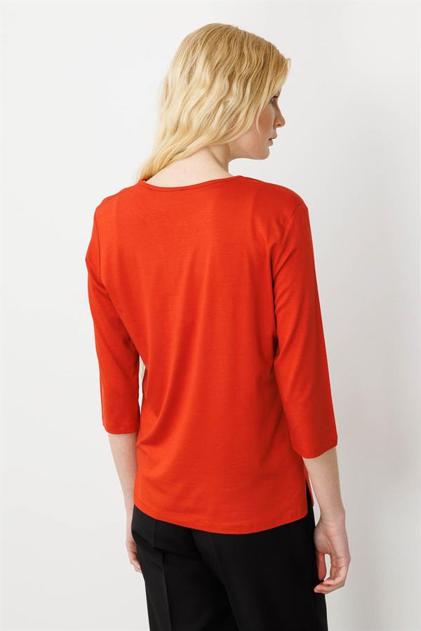 Kadın Açma Yaka Nakış İşlemeli Penye Bluz Oranj