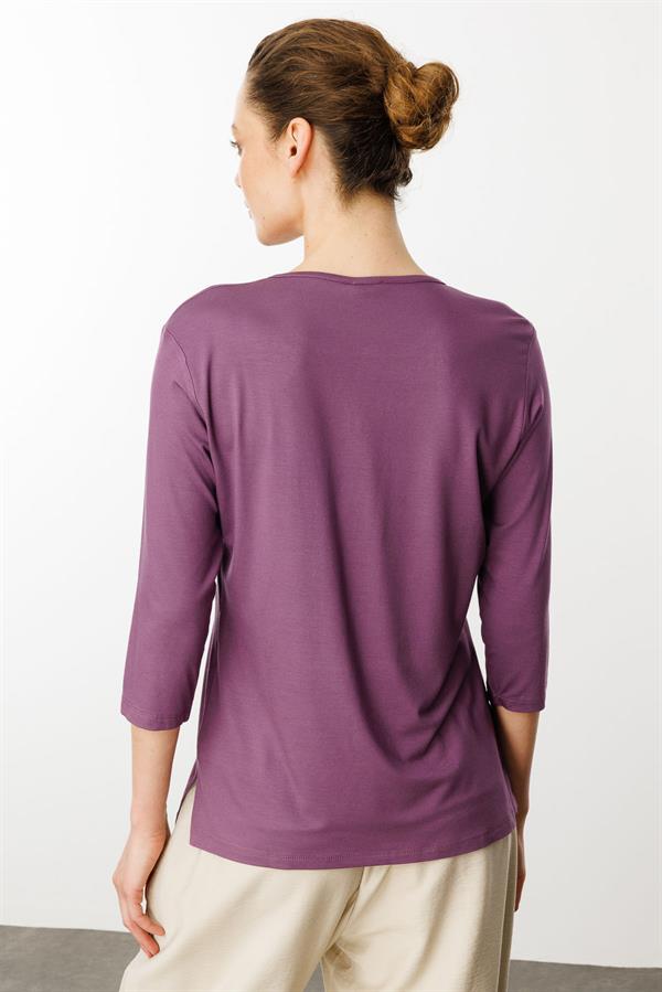 Kadın Açma Yaka Nakış İşlemeli Penye Bluz Lila