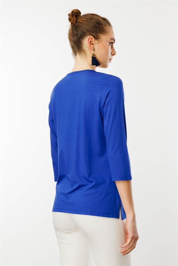 Kadın Açma Yaka Nakış İşlemeli Penye Bluz Saks