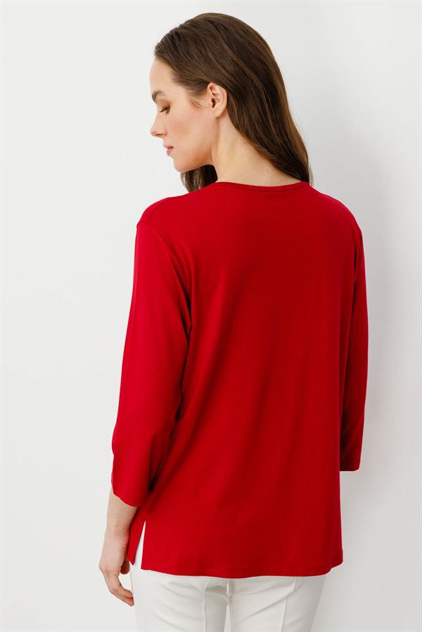 Kadın Açma Yaka Nakış İşlemeli Penye Bluz Kırmızı