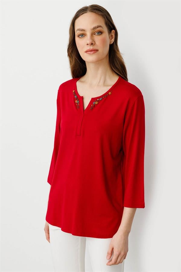Kadın Açma Yaka Nakış İşlemeli Penye Bluz Kırmızı