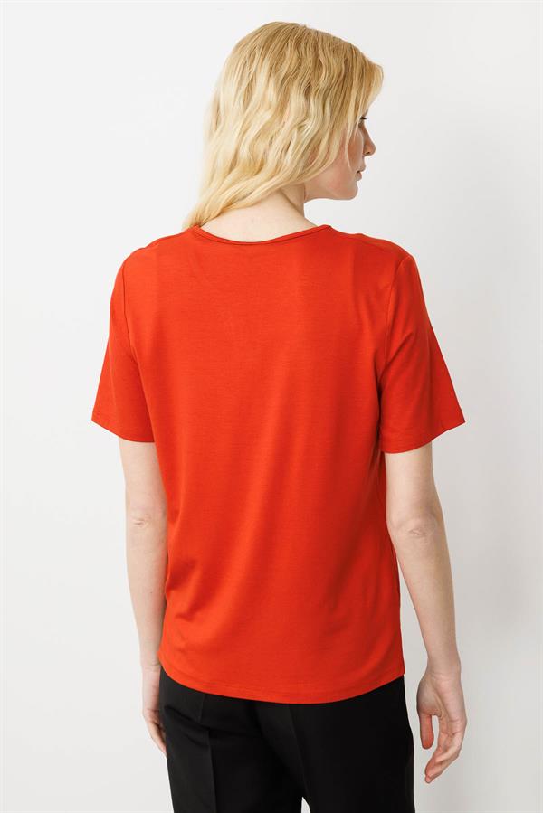 Kadın Sıfır Yaka Nakış İşlemeli T-shirt Oranj