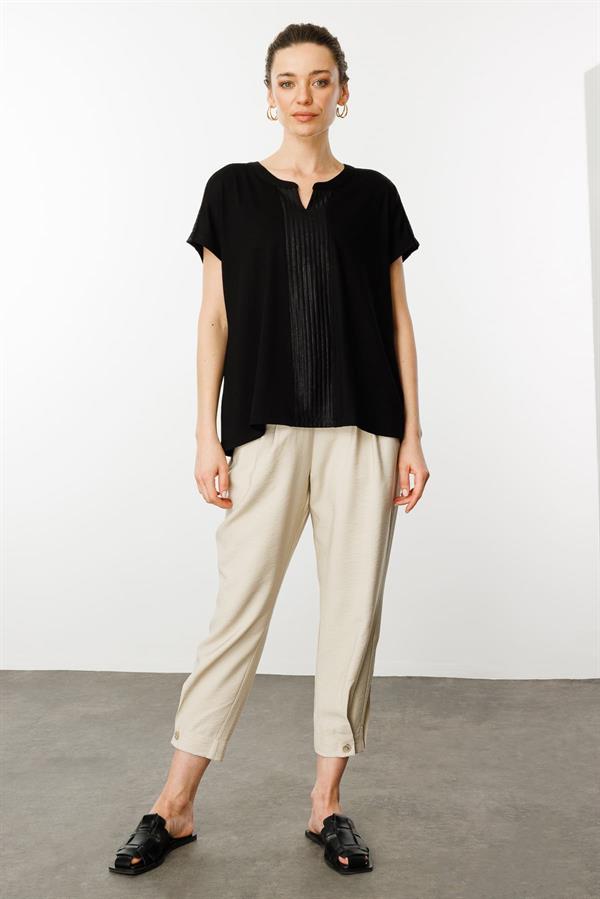 Kadın Açma Yaka Önü Bantlı Penye Bluz Siyah